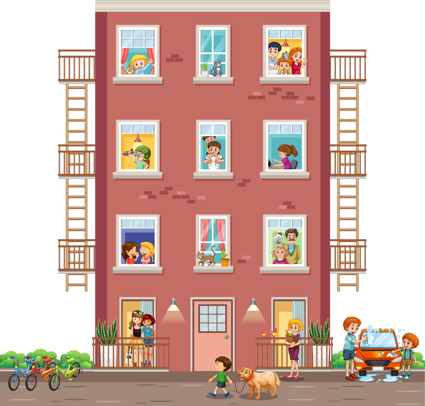 Apartment Windows with Neighbors Cartoon Character
